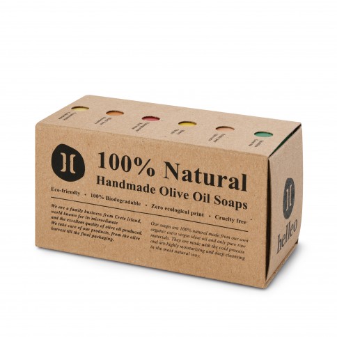 Coffret de 6 petits savons artisanaux à l'huile d'olive grecque bio, vue du coffret Coffret de 6 petits savons artisanaux à l'huile d'olive grecque bio, vue du coffret