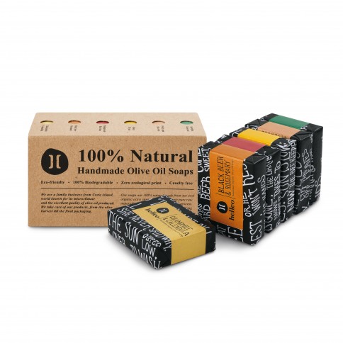 Coffret de 6 petits savons artisanaux à l'huile d'olive grecque bio, vue du coffret et des savons Coffret de 6 petits savons artisanaux à l'huile d'olive grecque bio, vue du coffret et des savons