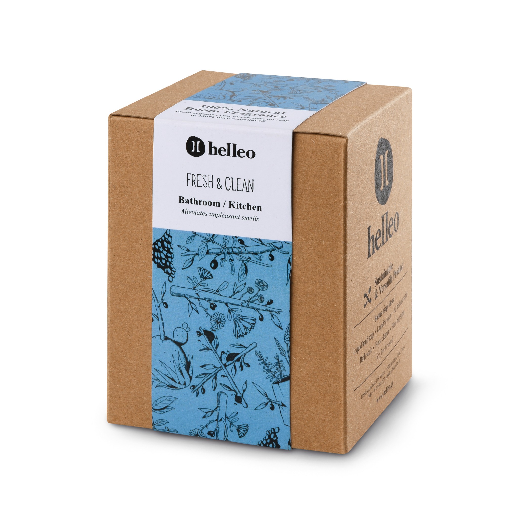 Parfum d'intérieur rafraichissant aux huiles essentielles et huile d'olive bio Helleo, vue de face de la boîte