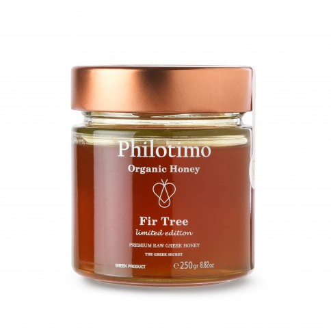 Organic Fir honey of Arcadia 250g Philotimo The Greek Secret jar front view