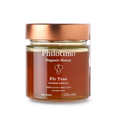 Organic Fir honey of Arcadia 250g Philotimo The Greek Secret jar front view