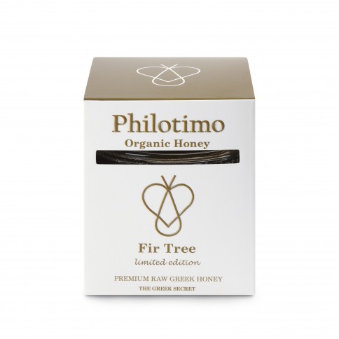 Organic Fir honey of Arcadia 250g Philotimo The Greek Secret jar front view with its packaging Organic Fir honey of Arcadia 250g Philotimo The Greek Secret jar front view with its packaging