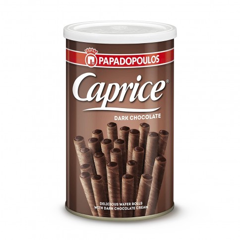 Box of greek wafers filled with hazelnut paste in dark chocolate version, Caprice dark,front view, 400g