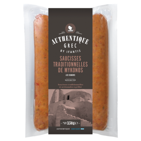 Saucisses traditionnelles de Mykonos aux oignons 350g Authentique Grec, vue de face