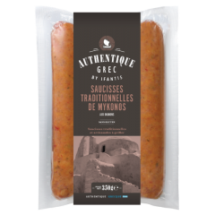 Saucisses traditionnelles de Mykonos aux oignons 350g Authentique Grec, vue de face