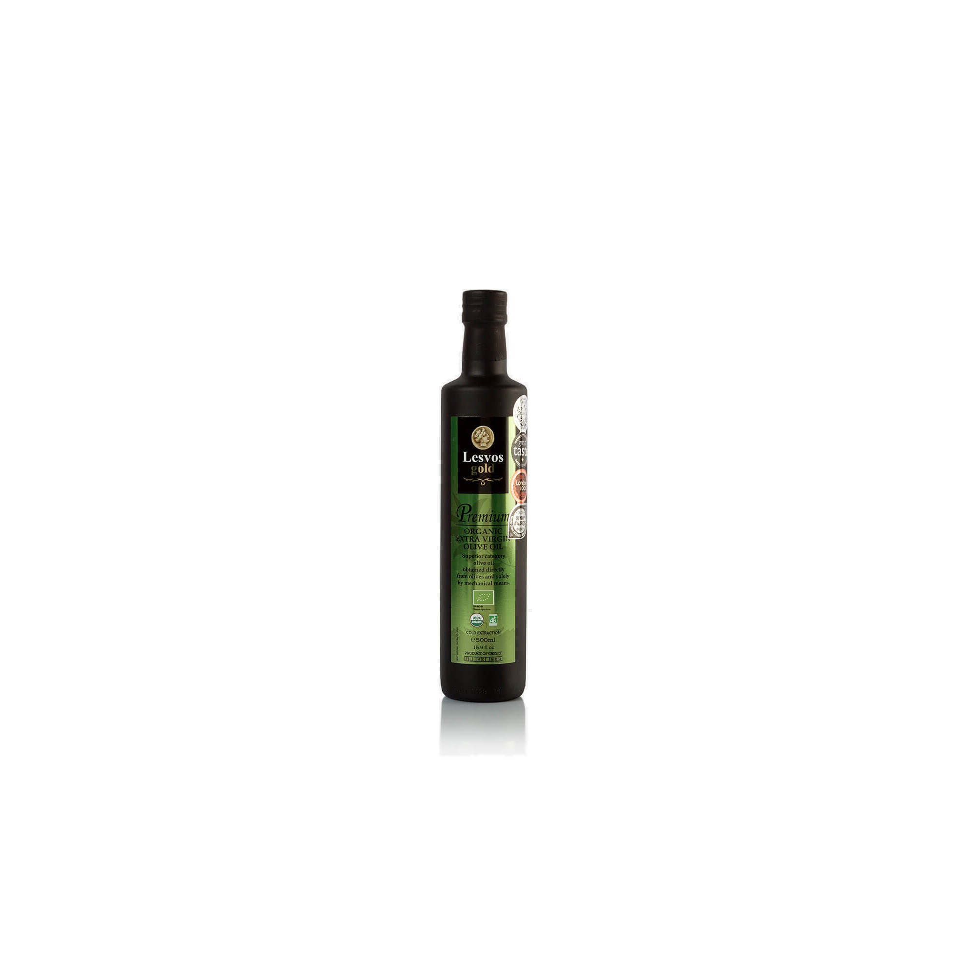 Huile d'Olive Premium Bio Extra Vierge Lesvos Gold en format 500ml, vue de face