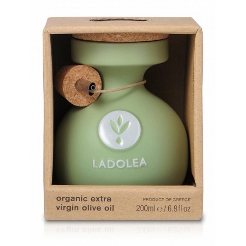 Huile d'olive extra vierge Bio Koroneiki 200ml Ladolea vue de face pot céramique dans son emballage