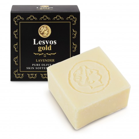 Αγνό σαπούνι ελαιόλαδου με άρωμα λεβάντας 150g LESVOS GOLD, κουτί και σαπούνι
