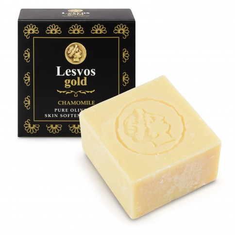 Savon à l'huile d'olive pure parfum camomille 150g LESVOS GOLD, vu de dessus savon et boîte