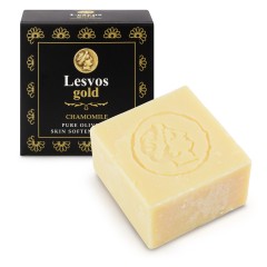 Pure olive oil soap chamomile fragrance 150g LESVOS GOLD front view box and soap