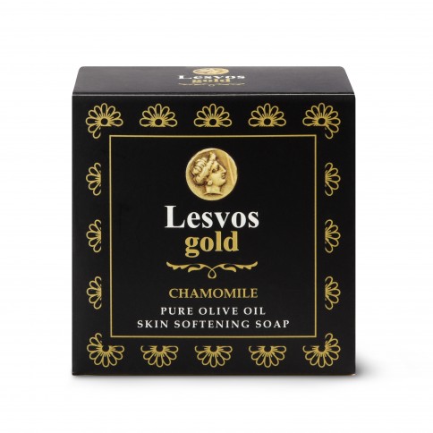 Savon à l'huile d'olive pure parfum camomille 150g LESVOS GOLD, vu de face boîte
