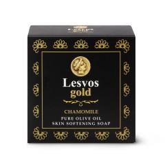 Savon à l'huile d'olive pure parfum camomille 150g LESVOS GOLD, vu de face boîte