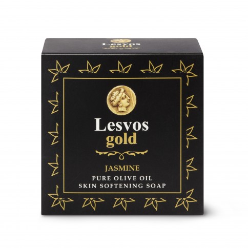 Αγνό σαπούνι ελαιόλαδου με άρωμα γιασεμιού 150g LESVOS GOLD, μπροστινή όψη κουτιού