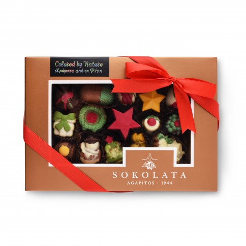 Assortiment de chocolats et pralinés de Noël, Sokolata Agapitos, vu de face