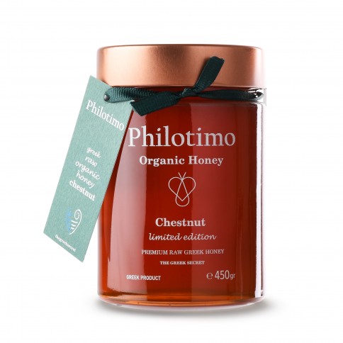 Miel de châtaignier bio édition limitée Philotimo, pot de 450g vu de face