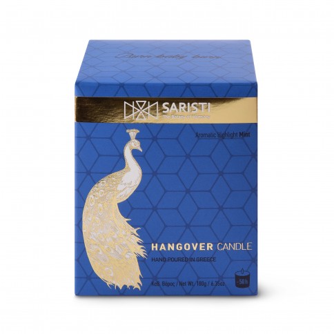 Scented Hangover candle with its packaging 180g Saristi, front view