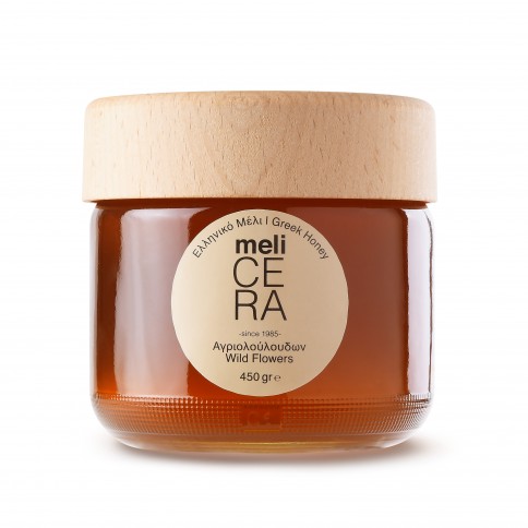 Pot de miel de Grèce Melicera artisanal aux fleurs sauvage, 450g vu de face