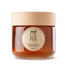 Pot de miel de Grèce Melicera artisanal aux fleurs sauvage, 450g vu de face