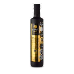 Huile d'Olive Premium Extra Vierge Lesvos Gold en format 500ml en bouteille, vue de face