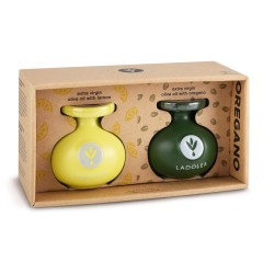 Box of extra virgin olive oil with lemon and oregano 2x80ml, front view