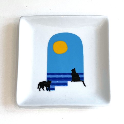 Small square porcelain tray 12 x 12 cm Cats in the Sun A FUTURE PERFECT, top view