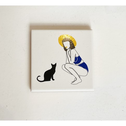 Dessous de verre en céramique Girl & Cat A FUTURE Perfect, vu de haut