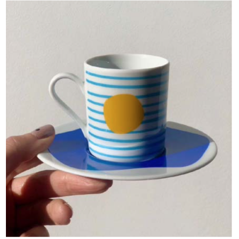 Espresso porcelain cup and its plate Sea Sun Sky A FUTURE PERFECT, front view