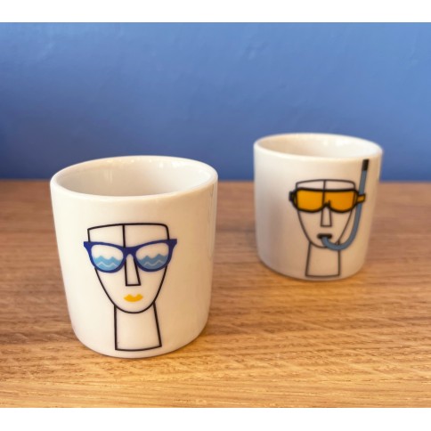 Porcelain Shot cup / Egg cup Cycladic Female and Male Face A FUTURE PERFECT, front view