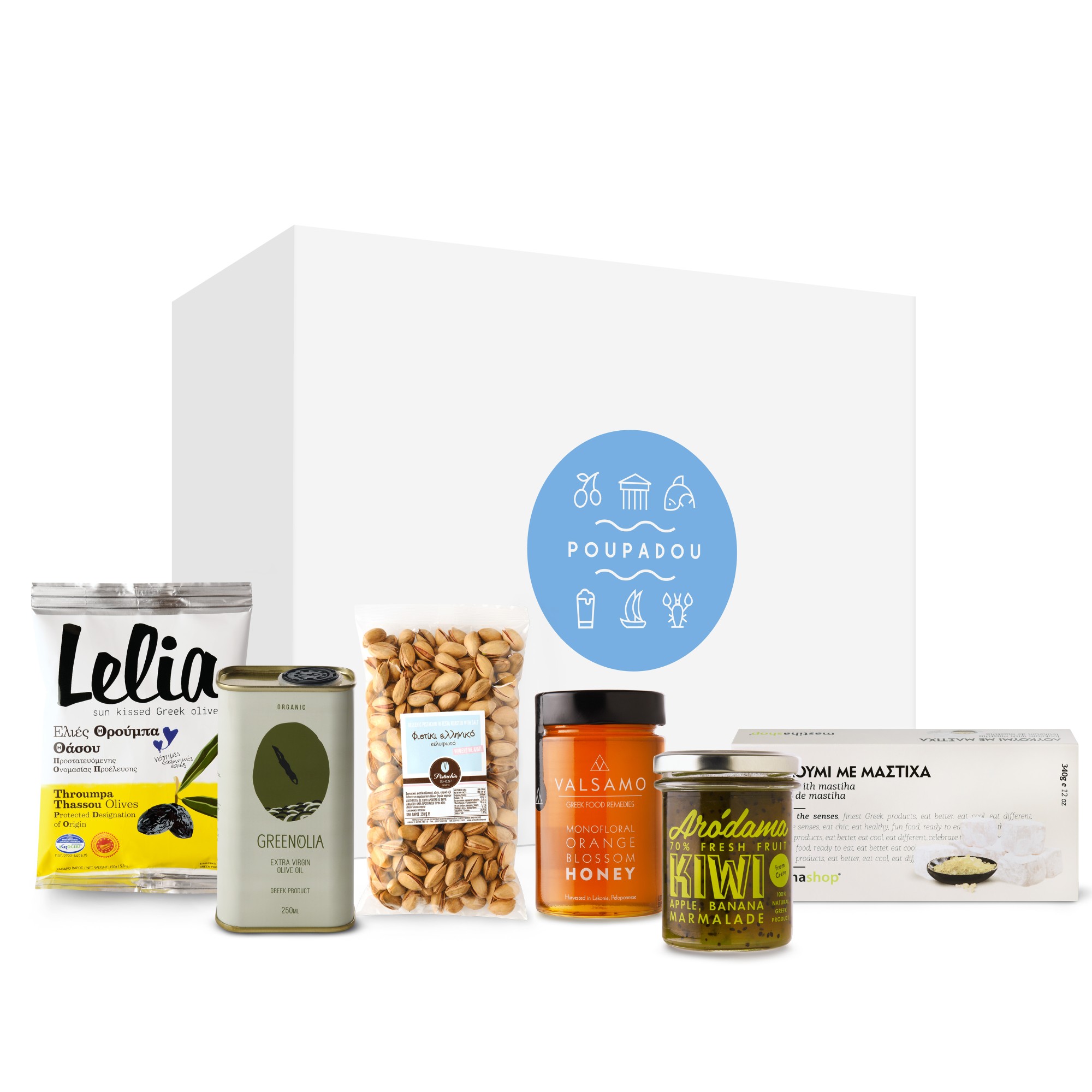 Coffret cadeau "exploration des saveurs" contenant des produits grecs authentiques et artisanaux