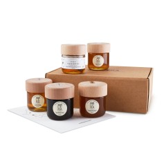 Kit de dégustation de 5 miel artisanaux de Melicera 5 x 100g MELICERA, vu de face pots hors du coffret