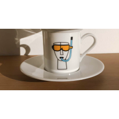 Espresso porcelain cup and its plate Cycladic Male Face A FUTURE PERFECT, front view