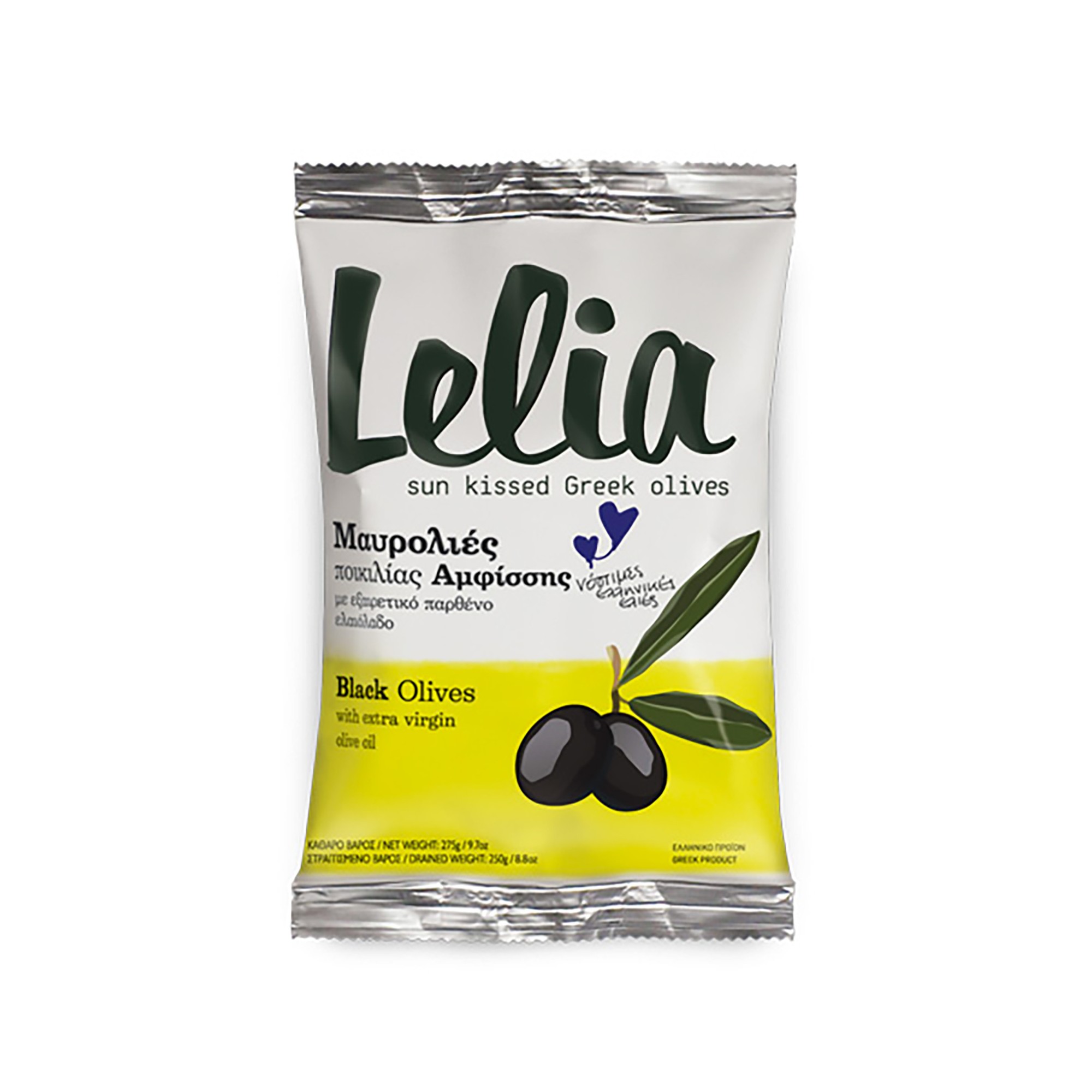 Olives noires de Grèce Lelia conservées dans de l'huile d'olive vierge extra, vue de face du packaging au format 250g