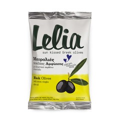 Olives noires de Grèce Lelia conservées dans de l'huile d'olive vierge extra, vue de face du packaging au format 250g