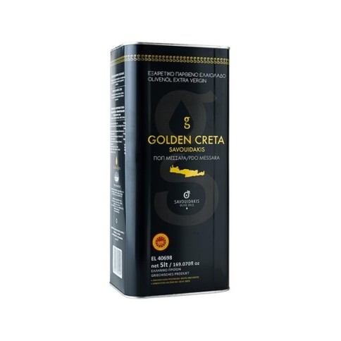 Extra virgin olive oil PDO Messara Golden Creta 5L SAVOUIDAKIS, front view
