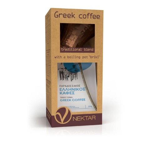 Coffret de café grec traditionnel et un briki en cuivre
