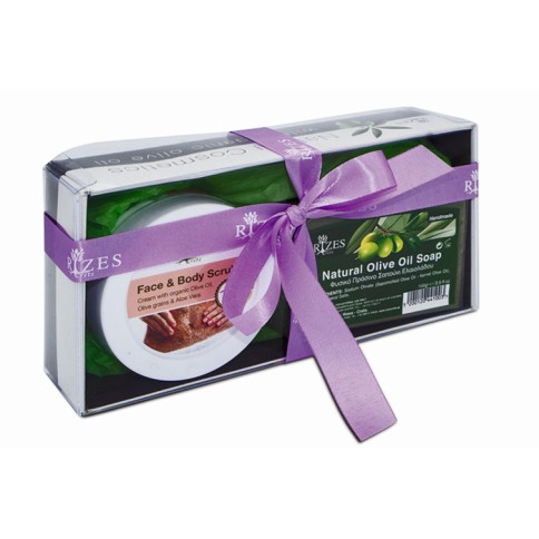 Coffret cadeau gommage & savon à l'huile d'olive RIZES CRETE, vu de face