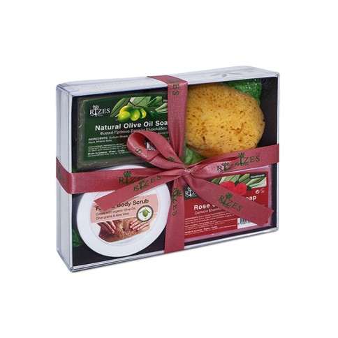 Coffret cadeau gommage corps et visage, 2 savons & éponge RIZES CRETE, vu de face Coffret cadeau gommage corps et visage, 2 savons & éponge RIZES CRETE, vu de face