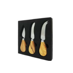 Olive Wood-metal cheese cutter set (3 pcs) RIZES CRETE, front view