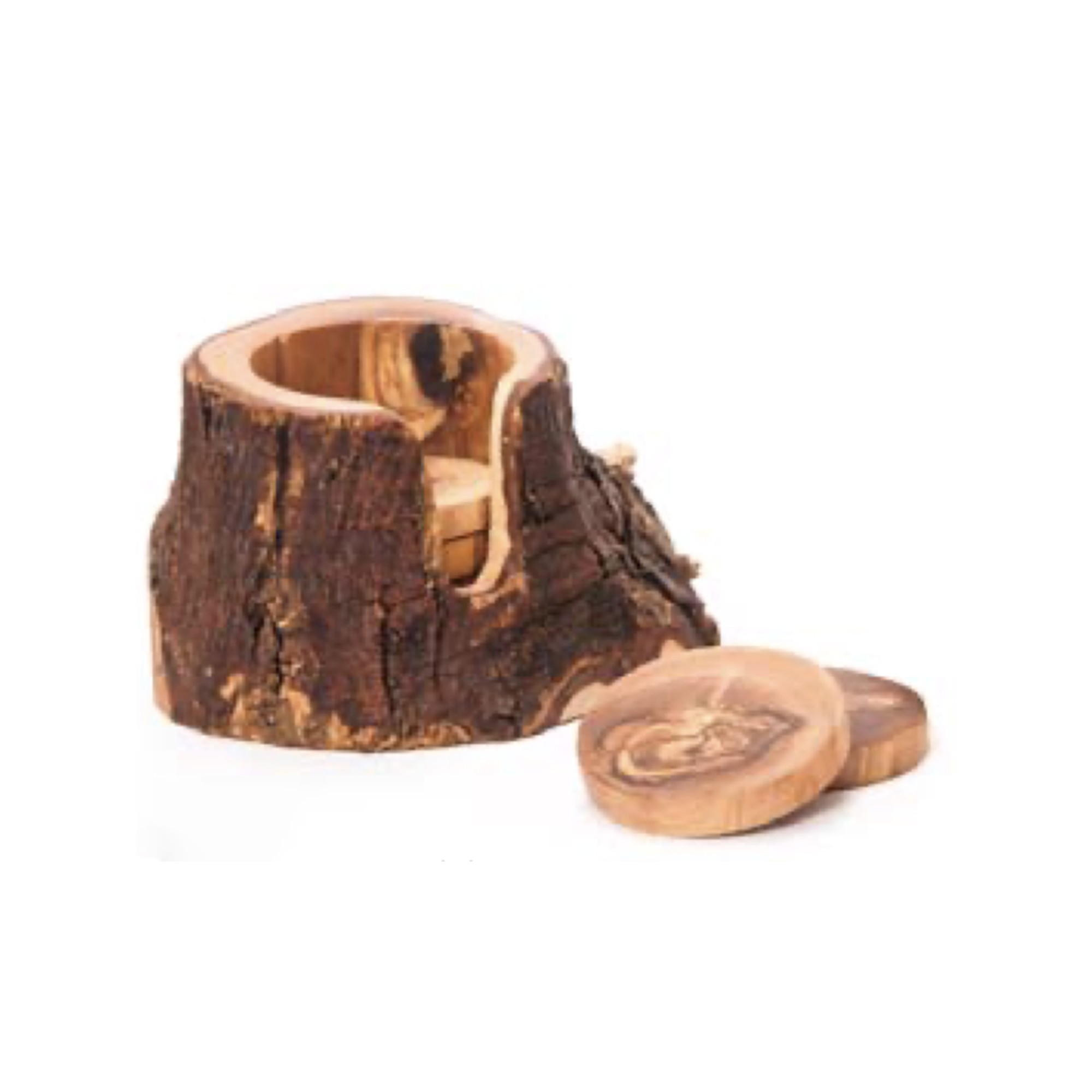 Olive wood irregular set coasters in the form of a trunk RIZES CRETE, top view