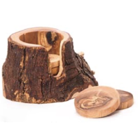 Olive wood irregular set coasters in the form of a trunk RIZES CRETE, top view