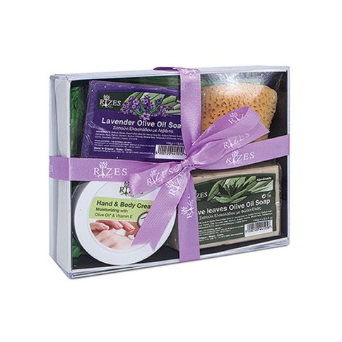 Gift box with small hand cream, 2 soaps & sponge