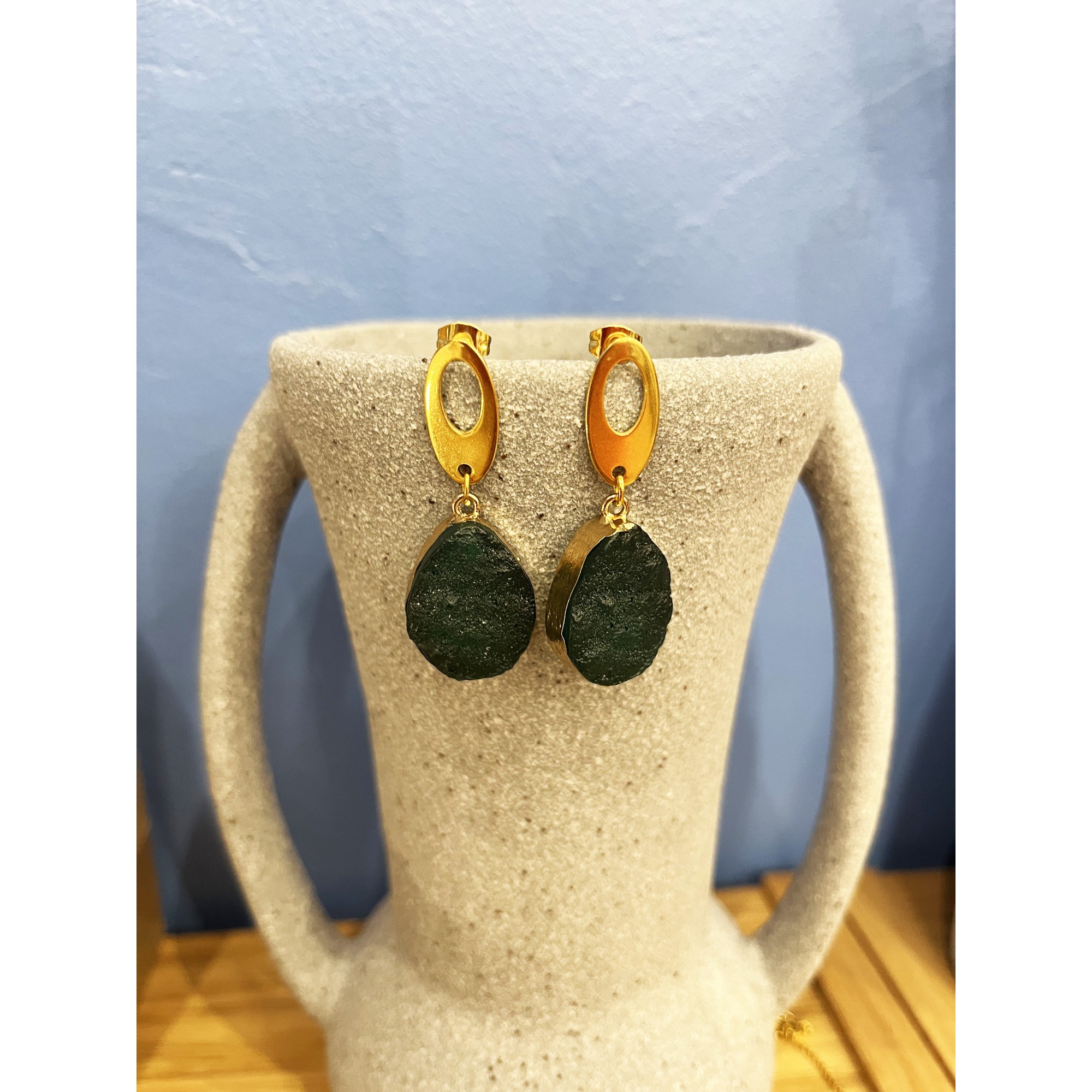 Earrings "Lefkada" M gold plated POUPADOU, front view, ambiance photo