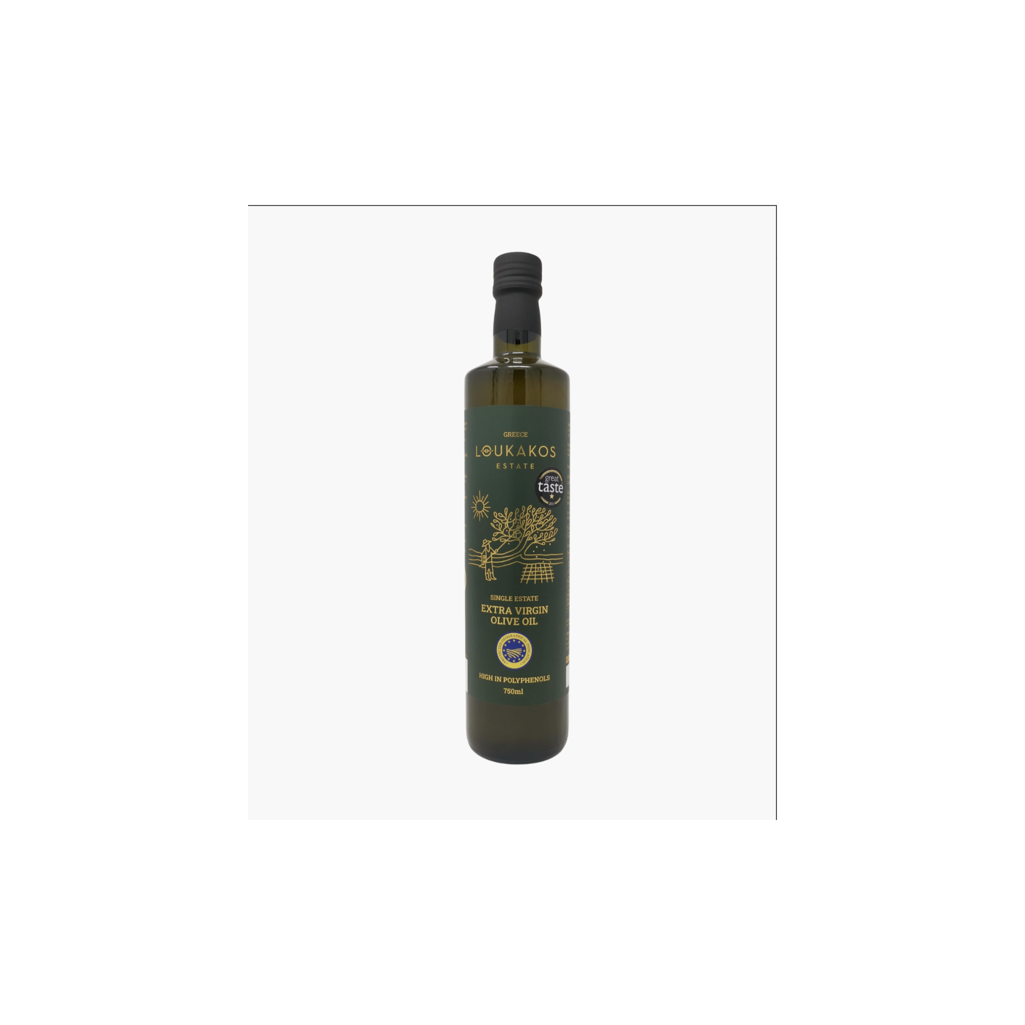 Huile d'olive extra vierge Koroneiki de Laconie IGP 750ml bouteille, vue de face