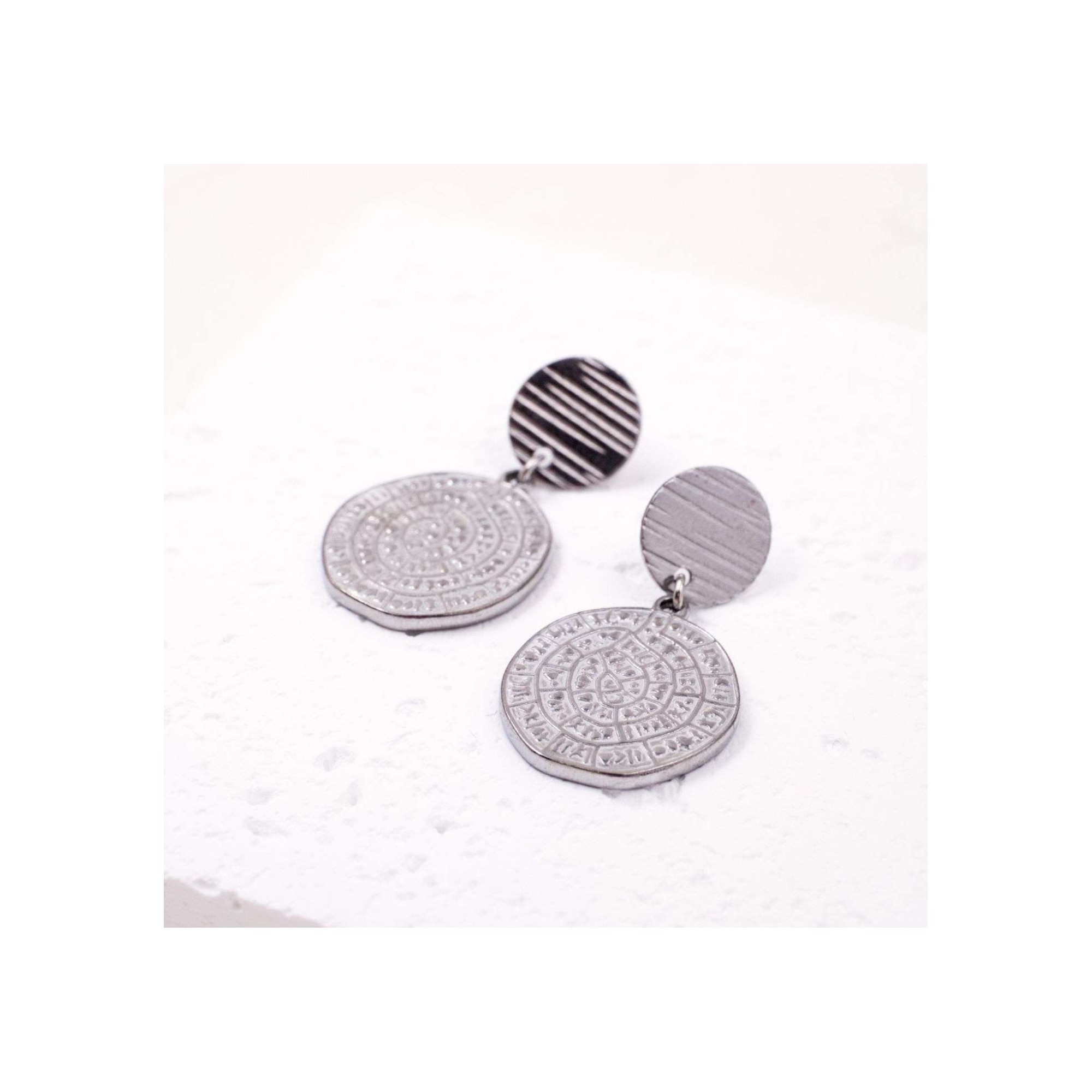 Silver-plated Phaistos Disc Earrings POUPADOU, top view