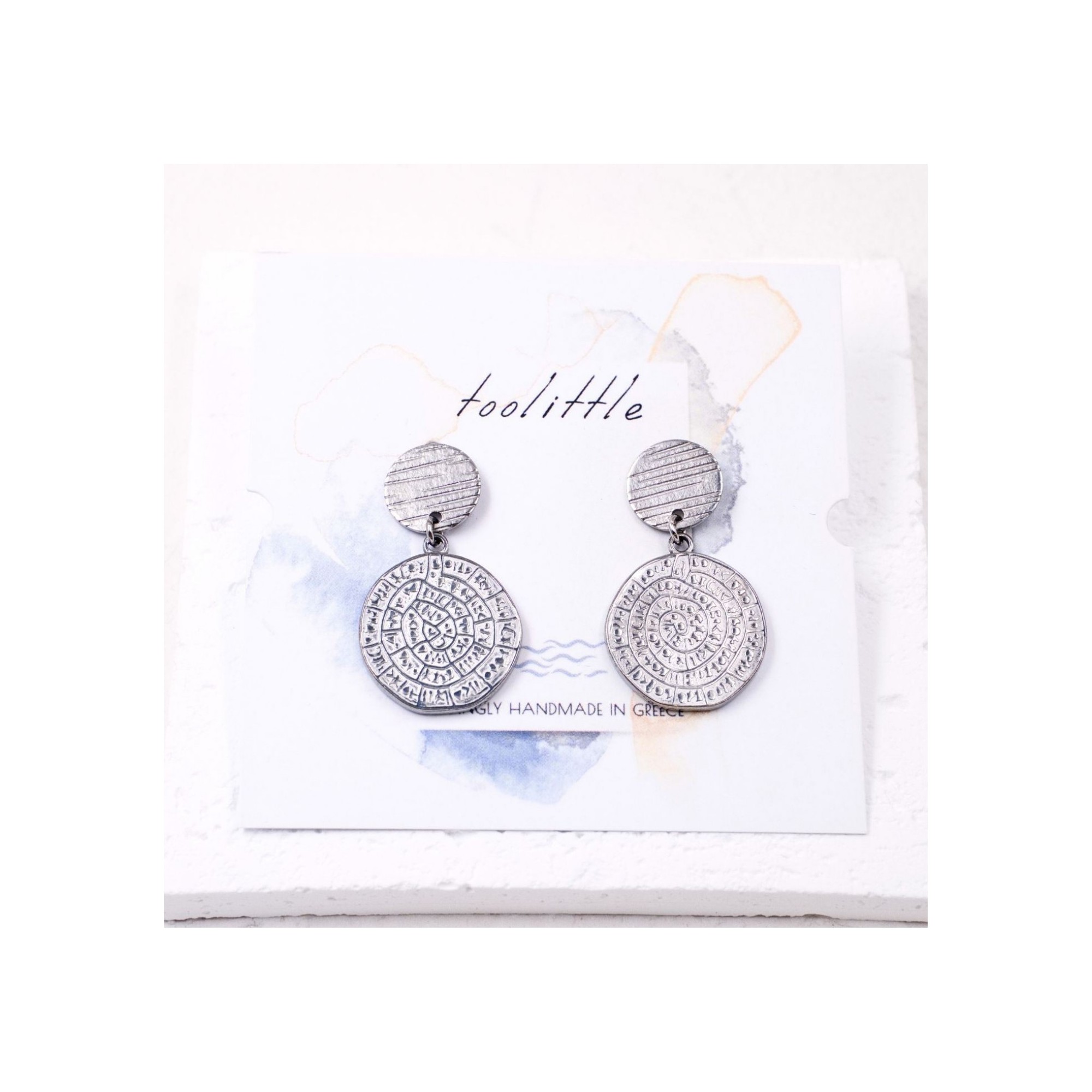 Gold-plated Phaistos Disc Earrings POUPADOU, front view