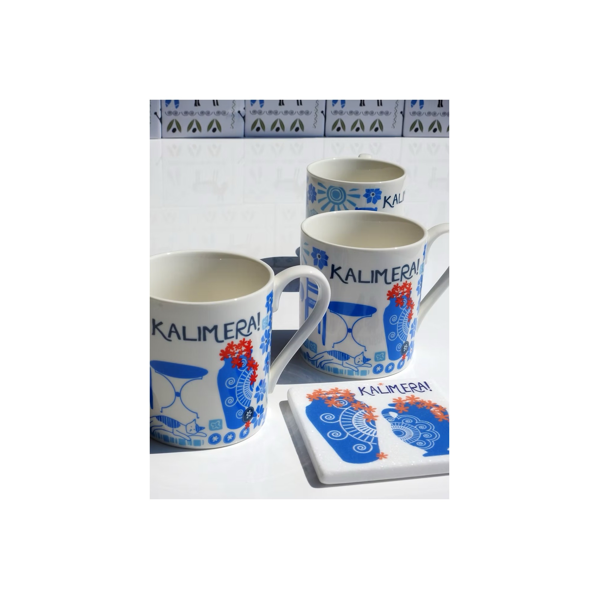 Mugs Kalimera Pots AHGB, vu de face avec dessous de verre