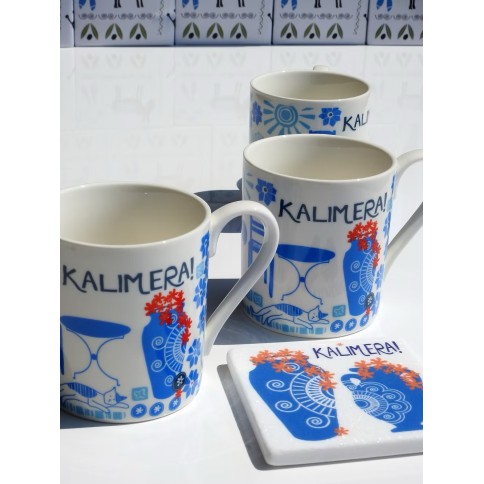 Mugs Kalimera Pots AHGB, front view with marble coaster