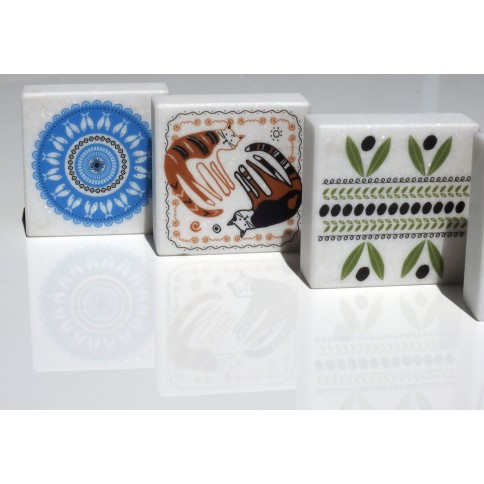 Marble paperweights aligned