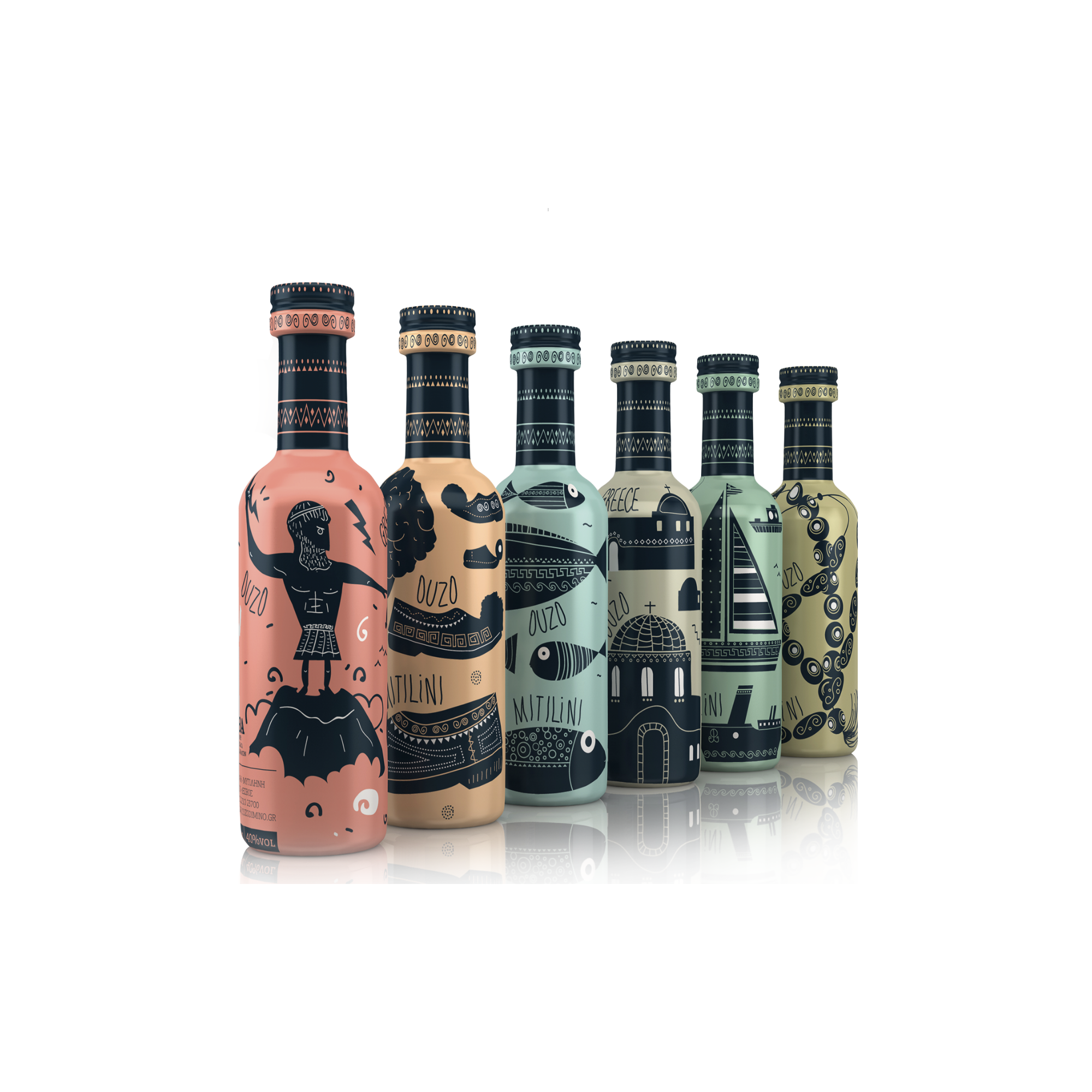 Ούζο Μυτιλήνη 50ml EVA DISTILLERY, μπροστινή όψη συλλογή 6 μπουκαλιών