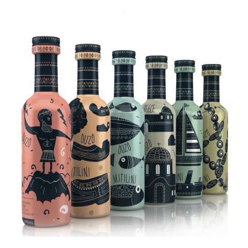 Ούζο Μυτιλήνη 50ml EVA DISTILLERY, μπροστινή όψη συλλογή 6 μπουκαλιών